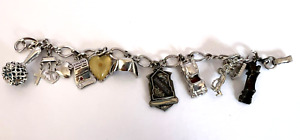 Vintage Sterling Silver Charm Bracelet w/ 9 Charms, 6.5"