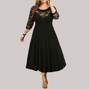 Womens Lace 3/4 Sleeve Midi Dress Ladies Cocktail Party Swing Dress Plus Size