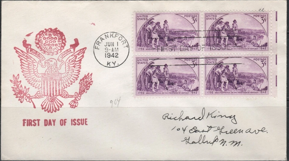 US Scott #904, Block of 4, "Kentucky Statehood, 150th Anniv."FDC - Image 1 of 1