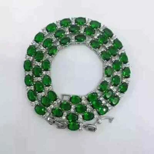 Lab Created Green Emerald & Diamond 14K White Gold Plated Tennis Necklace 18" - Picture 1 of 3