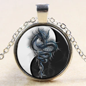 Dragon Yin Yang Glass Dome Cabochon Silver Plated Necklace Jewellery 18" JP200B - Picture 1 of 1