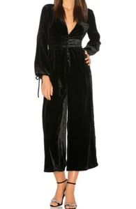 $168 NWT FREE PEOPLE SzS TRUE LOVIN LONG SLEEVE WIDE-LEG VELVET JUMPSUIT BLACK - Picture 1 of 3