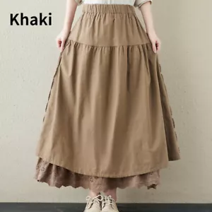 Women Casual Linen Skirt Floral Lace High Waist Skirt A Line Elastic Waist Retro - Picture 1 of 15