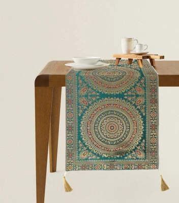 Indian Wedding Green Decor Table Runner Boho Brocade Elephant Linen Tablecloth - Image 1 of 4