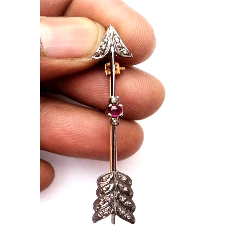 Natural Diamond Brooch 925 Sterling Silver Ruby Brooch Christmas Gift For Her - Image 1 of 3