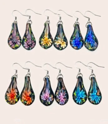 Murano Glass Dangle Pear Drop Earrings Venetian Glass Bead Italian Jewelry - Image 1 of 4