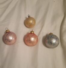 4 Frosted Flower Swirl Christmas Ball Ornament Silver Pink Purple Blue Gold VTG