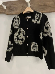 NWT Oliver O Anthropologie Sweater Jacket Small Black Fuzzy Gold Floral - Picture 1 of 2