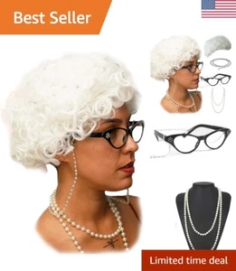 Old Lady Wig Costume Set - Gray Hair Granny Wig with Accessories - 5 Pieces - Picture 1 of 7