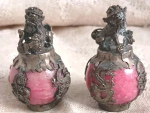 Vintage Chinese Food Dog Dragons On Red Jade Spheres - Picture 1 of 24
