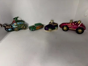 4 Lot Glass Christmas Ornaments Horse Carraige Sports Car Holiday Station Wagon - Picture 1 of 16