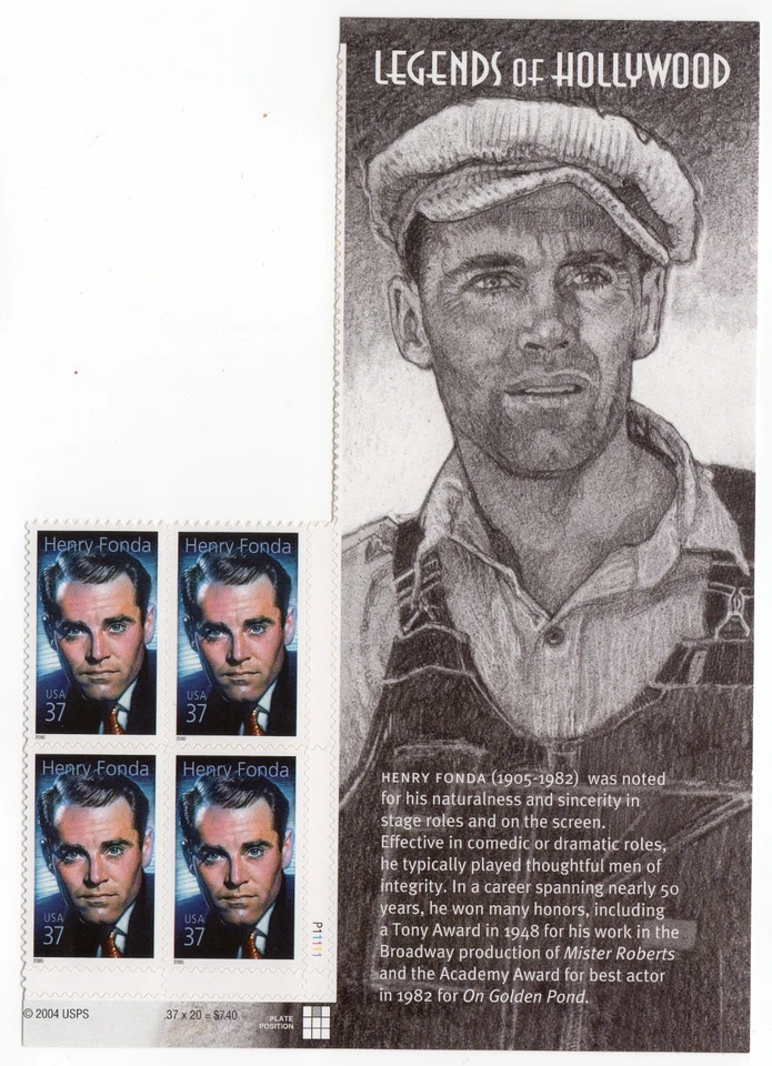 Scott #3911 Henry Fonda Legends of Hollywood Title Plate Block of 4 Stamps - MNH - Image 1 of 1