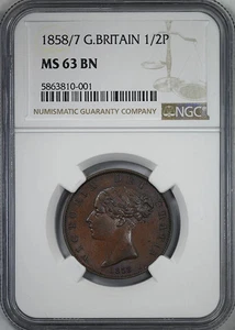 1858/7 Great Britain 1/2P Half Penny NGC MS63BN - Picture 1 of 5