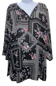 Violette Claire Tunika Damen 2X schwarz Blumen Patchwork V-Ausschnitt 3/4 Arm Boho Art - Bild 1 von 13