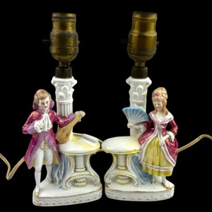 Antique German Porcelain Victorian Colonial Romantic Figural Lamp Set Marked - Picture 1 of 15