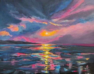 Arte Ocean Sunset. Pintura original sobre lienzo. Paisaje costero. Paisaje marino 11x14 Foto 1 de 4