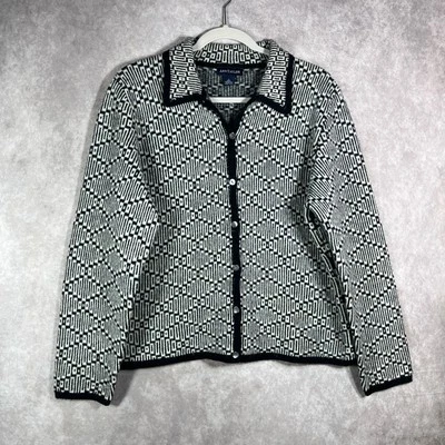 Cárdigan Suéter Mujer Ann Taylor Grande Negro Blanco Estampado Lana de Cordero Botón Arte Foto 1 de 4