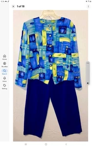 Vintage 80er Jahre selbstgemachter Hosen- und Rockanzug Damen Gr. L blau gelb - Bild 1 von 17