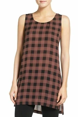 Túnica Eileen Fisher Caoba Búfalo Cuadros Estampada Tanque Seda S Rosa Negro Cuadros Foto 1 de 4