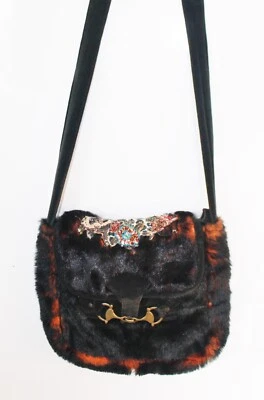 Unusual Black/ orange artificial fur with beaded patch shoulder bag brass buckle - Image 1 of 4