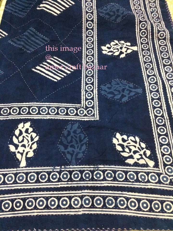 Colcha queen azul índigo Kantha indiana reversível colcha cobertor de cama - Imagem 1 de 4