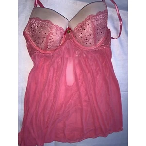 Lace Babydoll Lingerie Pink Sheer Overlay Adjustable Straps - Picture 1 of 9