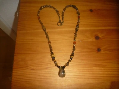Tigerauge/Glas-Kettee, braun-goldbraun-schwarz, lang mit Anhänger - Bild 1 von 2