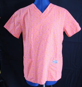 ScrubZone By Landau Women's 2-Pocket V-Neck Scrub Top Orange Pink Dots Size XSM - Picture 1 of 9