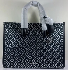 Michael Kors Mirella Medium Black MK SILVER Jacquard Satchel Shoulder Tote Bag - Picture 1 of 13