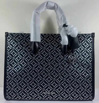 Michael Kors Mirella Medium Black MK SILVER Jacquard Satchel Shoulder Tote Bag - Image 1 of 4