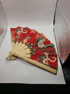 Vintage Oriental Red Fabric & Bamboo w painted detail w florals. Wall Art Decor - Picture 1 of 6