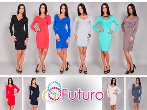 Cocktail Wrap Dress V Neck Long Sleeve Party Mini Tunic Bodycon Sizes 8-14 8130 - Picture 1 of 12