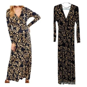 JESSICA SIMPSON MATERNITY NAVY BLUE & GOLD FLORAL V-NECK MAXI DRESS Size L - Picture 1 of 12