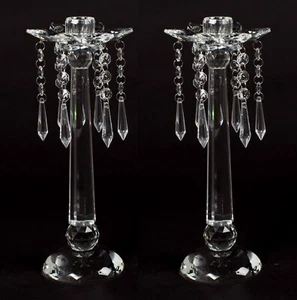 Crystal Candle Holder 6 Petals with Shimmering Bead Hangers 4"Dia 12"Tall  Set/2 - Picture 1 of 7