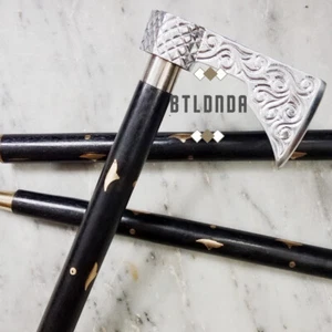 Handcrafted Antique Viking Axe Vintage Wooden Walking Stick Cane Present Men's - Picture 1 of 5