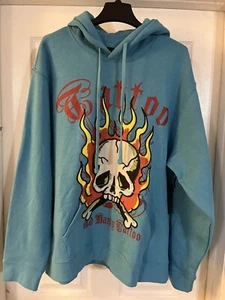 New Ed Hardy Sweatshirt Hoodie Baby Blue Skull Flames Double Sided Mens Size 2XL - Picture 1 of 4