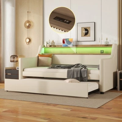 Twin Size Daybed with Trundle, Upholstered Daybed with Charging Station and LED  - Image 1 of 4