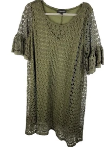 Lane Bryant Olive Green Crochet Lace Overlay Dress Bell Sleeve Tunic Size 26 - Picture 1 of 13