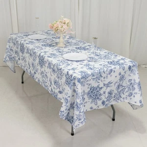 60" x 102" Blue French Toile Pattern Polyester Rectangular Tablecloth - Picture 1 of 8