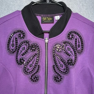 Bob Mackie giacca artistica indossabile donna viola media ricamo fiore astratto - Foto 1 di 8