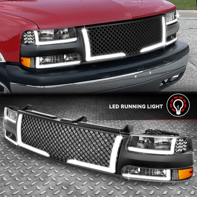 Faros negros/ámbar L-LED DRL para camioneta Silverado Suburban 99-06 + rejilla de malla Foto 1 de 4