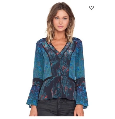 MARCHESA VOYAGE Silk Blue Feather Patchwork Peplum Blouse SZ L BOHO ARTSY FLAWED - Изображение 1 из 4