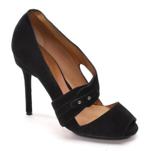 Womens L.A.M.B. Cross Strap Pumps 8.5 M Black Suede Open Toe Fashion Heels Shoes