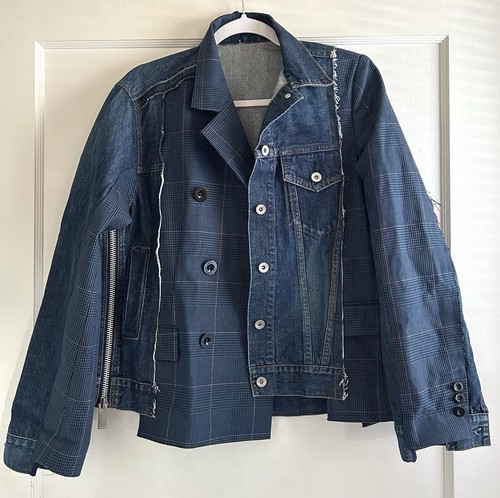 Giacca ibrida Sacai Glencheck a quadri denim decostruito taglia 1