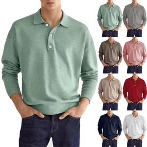 Mens Long Sleeve V-Neck Button Down Men's Casual Polo Shirt T Shirts Autumn UK - Picture 1 of 19