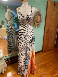 Jovani Black Orange Multi Prom Evening Dress Abstract Print Sequin Beads Size 8 - Picture 1 of 13