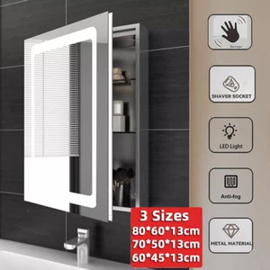 LED illuminated Bathroom Mirror Cabinet with Demister Shaver Socket Wall Mounted - Picture 1 of 36