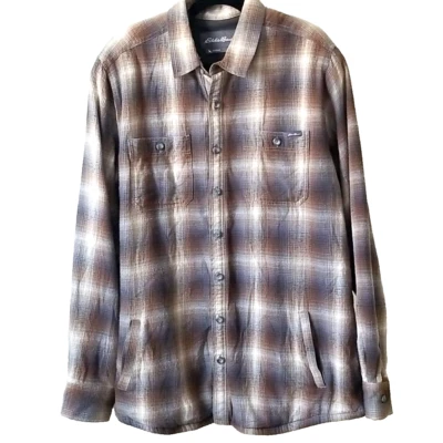 Eddie Bauer Outdoor Flannel Shirt Shacket Men TXL Brown Plaid Fleece Lined Work - Image 1 of 4
