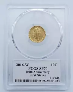 2016-W 1/10 oz 24k Gold Mercury Dime PCGS SP70 100th Anniversary First St- C1719 - Picture 1 of 6