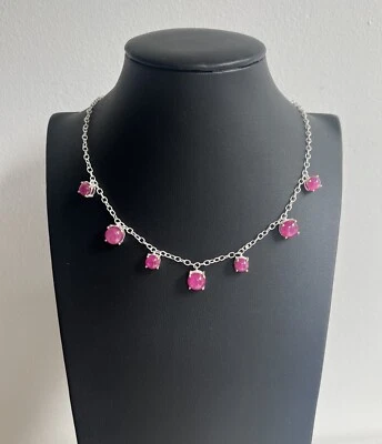 Vintage Sterling Silver Ruby Pink Sapphire Cabochon Charm Necklace 18.1" - Image 1 of 4